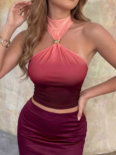 Lureya Women's Fashion Gradient Metal Buckle Decor Off-Shoulder Vacation Camisole, Bodycon Party Club Travel Beach Crop Top Outfits For Women 2 Piece Two Piece Set Woman Skirt And Top Party Outfits 2 Piece Two Piece Dresses For Women Halter Tops For Women