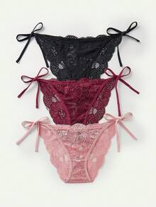 3pcs Của phụ nữ Ren Quần lót Thong Quần lót không đường may Với Bên Cà vạt Và Hoa Chi tiết Đồ lót - Nhiều màu - Xem 5