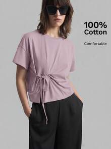 Ontre 2026紫色休闲圆领露肩短袖系带T恤，女士秋季百搭休闲系列 - 紫色 - 查看 1