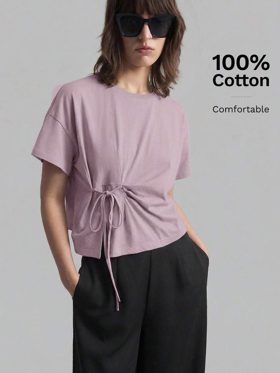 Ontre 2026紫色休闲圆领露肩短袖系带T恤，女士秋季百搭休闲系列 - 紫色 - 查看 1