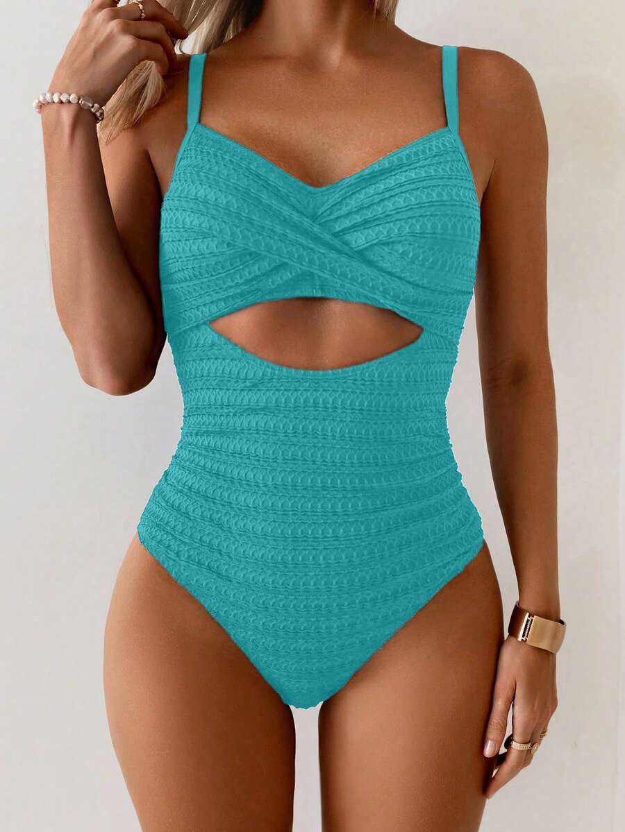 Swim Basics Áo tắm liền thân nữ khoét ngực, dây đeo chéo dày, màu trơn tối giản, thích hợp cho mùa hè. - Màu xanh ngọc - Xem 1