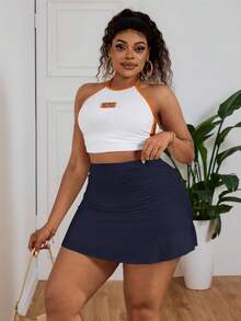 SHEIN PETITE CURVE 春夏休闲纯色褶皱荷叶边白色半身裙 - 寶藍色 - 查看 4