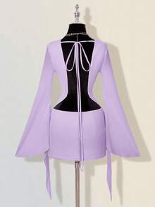 SHEIN ICON Vestido mini con escote pronunciado, parches de malla y espalda descubierta - Púrpura malva - Ver 2