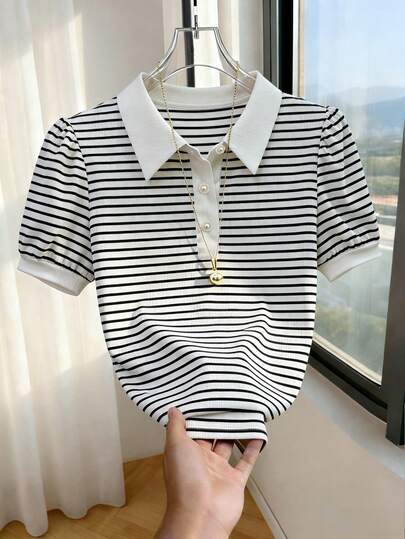Franclia Camiseta casual de mujer con cuello de corte en blanco y negro a rayas