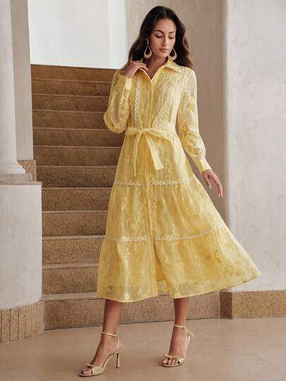 Anewsta 女士优雅甜美法式白色蕾丝边长袖连衣裙，适合春夏穿着