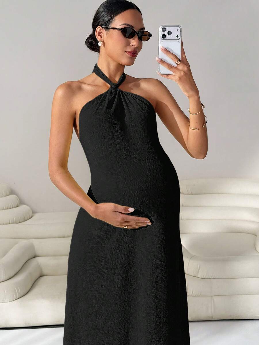 MaterniWear 夏季孕妇纯色简约吊带连衣裙 - 黑色 - 查看 1