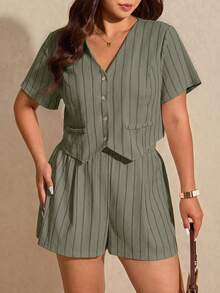 Elaquor Plus Size Women Striped Short Sleeve Button-Up Shirt And Shorts Casual 2-Piece Set - Army Green - View 8