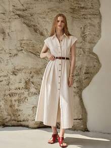 PREMIUM WOMEN'S SPRING/SUMMER CASUAL COMMUTING CAP SLEEVE SLANT POCKET PLEATED DENIM DRESS, BELT NOT INCLUDED - White - View 6