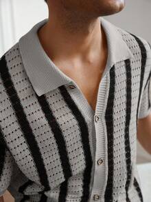 Manfinity CityGents Camisa masculina listrada de manga curta e abotoamento simples em malha. - Multicolorido - Ver 3
