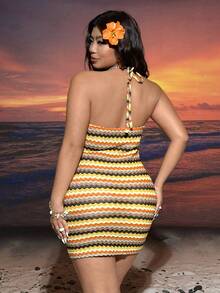 Comfortcana Plus Size Bohemian Boho Orange Ruffle Backless Casual Holiday Midi Dress, Summer Beach Holiday Tropical Vacation - Multicolor - View 3