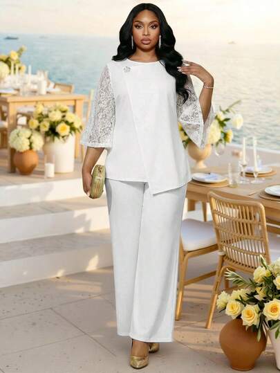 Fleurora Spring And Summer Elegant Party Wedding Cocktail Party Concert/Music Festival White Woven Scoop Neck Contrast Lace Three Quarter Length Sleeve Plus Size Dresses Summer Outfits Summer Clothes Summer Outfits For Women Festival Outfits For Women Graduation Dress Women Elegant Women's Set White Suit For Women Set Blouse And Pants Set Formal For Women Pants Suits For Woman Elegant Wedding Modest Outfits For Women 2 Piece Women Elegant Outfits