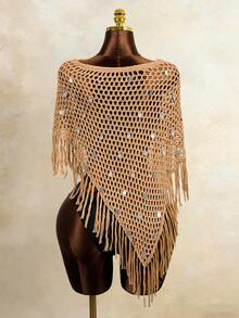 Swim Vcay Bufanda triangular tejida con lentejuelas hecha a mano, capa de hombro con flecos y hueca de moda para mujeres - Camel - Ver 4