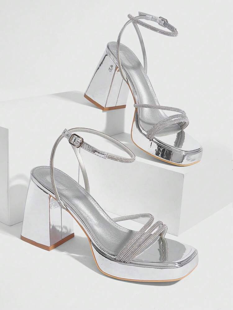 CUCCOO SZL Women's Square Toe Rhinestone Ankle Strap Sandals For Christmas Prom Heels