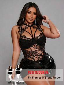 SHEIN PETITE CURVE 大码女式春夏黑色蕾丝性感镂空弹力休闲法式年轻时尚针织百搭舒适叠穿上衣，优雅性感派对装扮 - 黑色 - 查看 1
