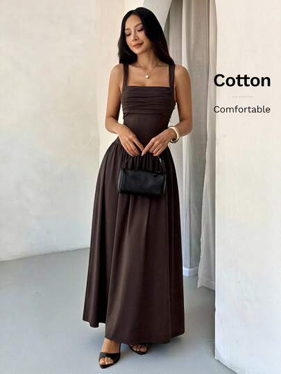 SHEIN PETITE Đầm nữ màu nâu cà phê trơn thanh lịch, cổ vuông, dáng xòe, chất liệu cotton, thích hợp cho mùa xuân/hè.