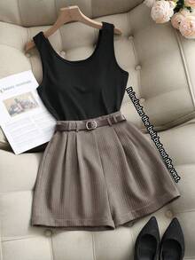 Franclia 百搭休闲时尚通勤腰带装饰灰色竖条纹短裤、阔腿裤、百慕大裤，秋冬季 - 卡其色 - 查看 4