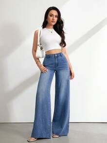 SHEIN Tall Women's Casual Washed High Waist Wide Leg Jeans - Medium Wash - View 6