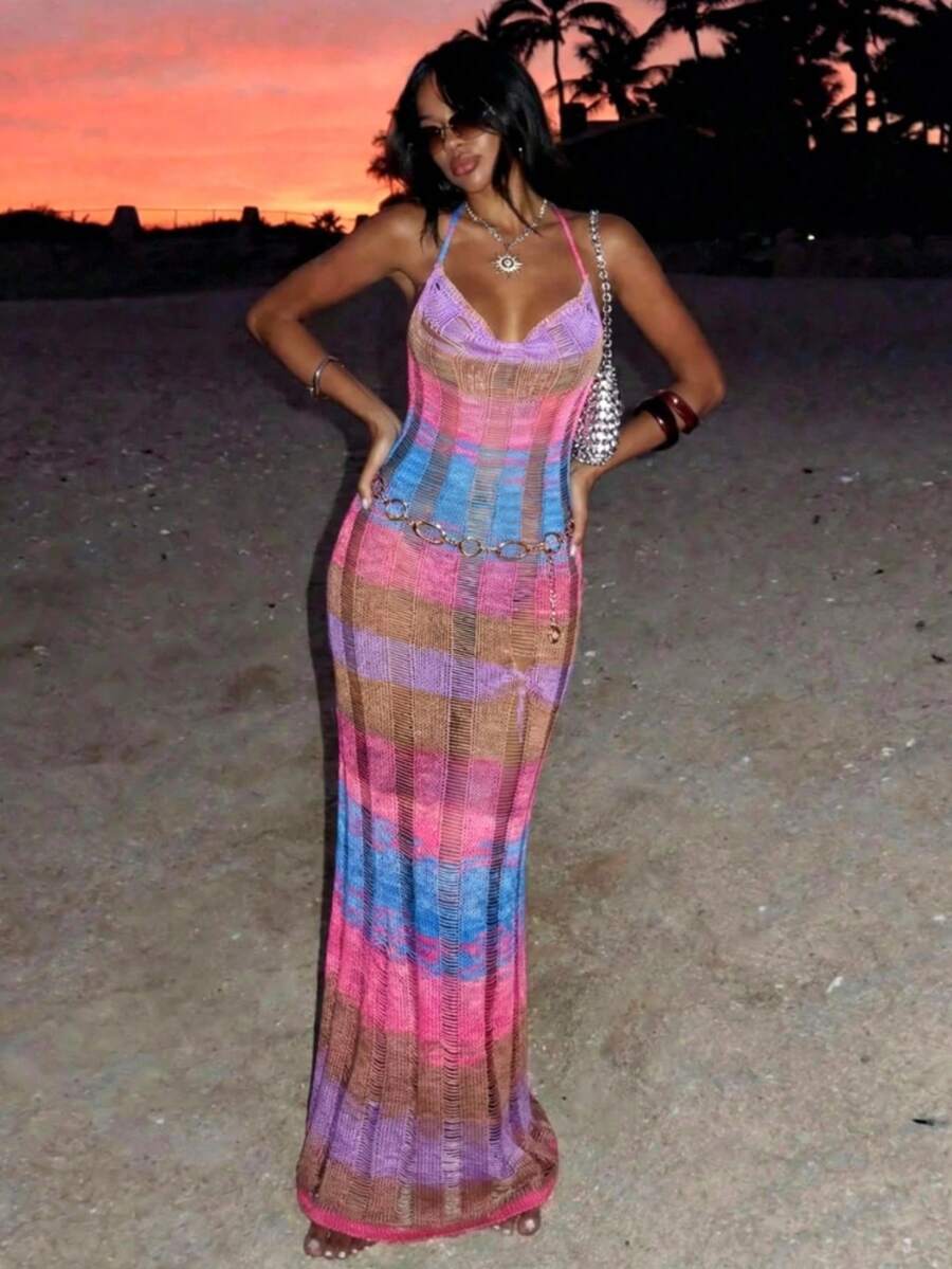 SHEIN Swim Vcay 女士度假条纹垂褶领罩衫连衣裙 - 彩色 - 查看 1