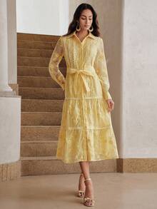 Anewsta 女士优雅甜美法式白色蕾丝边长袖连衣裙，适合春夏穿着 - 黃色 - 查看 3