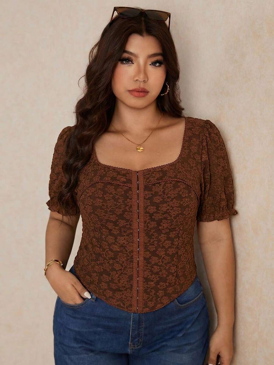 Elaquor Áo thun nữ cỡ lớn tay cánh hoa thanh lịch, kiểu dáng ôm sát, chất liệu jacquard, phong cách nghỉ dưỡng. - màu nâu - Xem 1