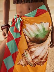 Maija Orange & Green Seashell Print Women's Wrap Skirt, Minimalist Design, Suitable For Beach Holiday - Multicolor - View 2