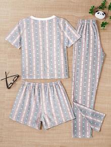 SHEIN Cottonline 3 Pcs Cute Heart And Bow Pattern Homewear Cute Pajama Set With Shorts And Pants - Multicolor - View 2