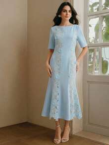 Anewsta French Elegant Solid Color Round Neck Short Sleeve Lace Patchwork Semi-Sheer Waist Cinched Women Dress - Sky Blue - View 5