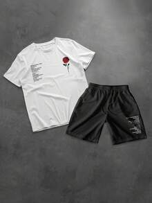 Manfinity Homme 2pcs/Set Men's Versatile Rose Flower & Letter Print Round Neck Short Sleeve T-Shirt And Drawstring Waist Casual Shorts - Multicolor - View 2