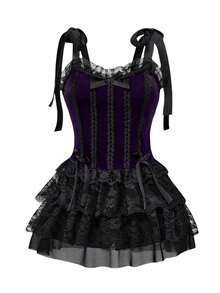 ROMWE Váy dây mảnh phong cách cung điện Gothic cổ điển màu tương phản, mặt dây chuyền ren cỡ lớn cho nữ mùa hè - Màu tím - Xem 1