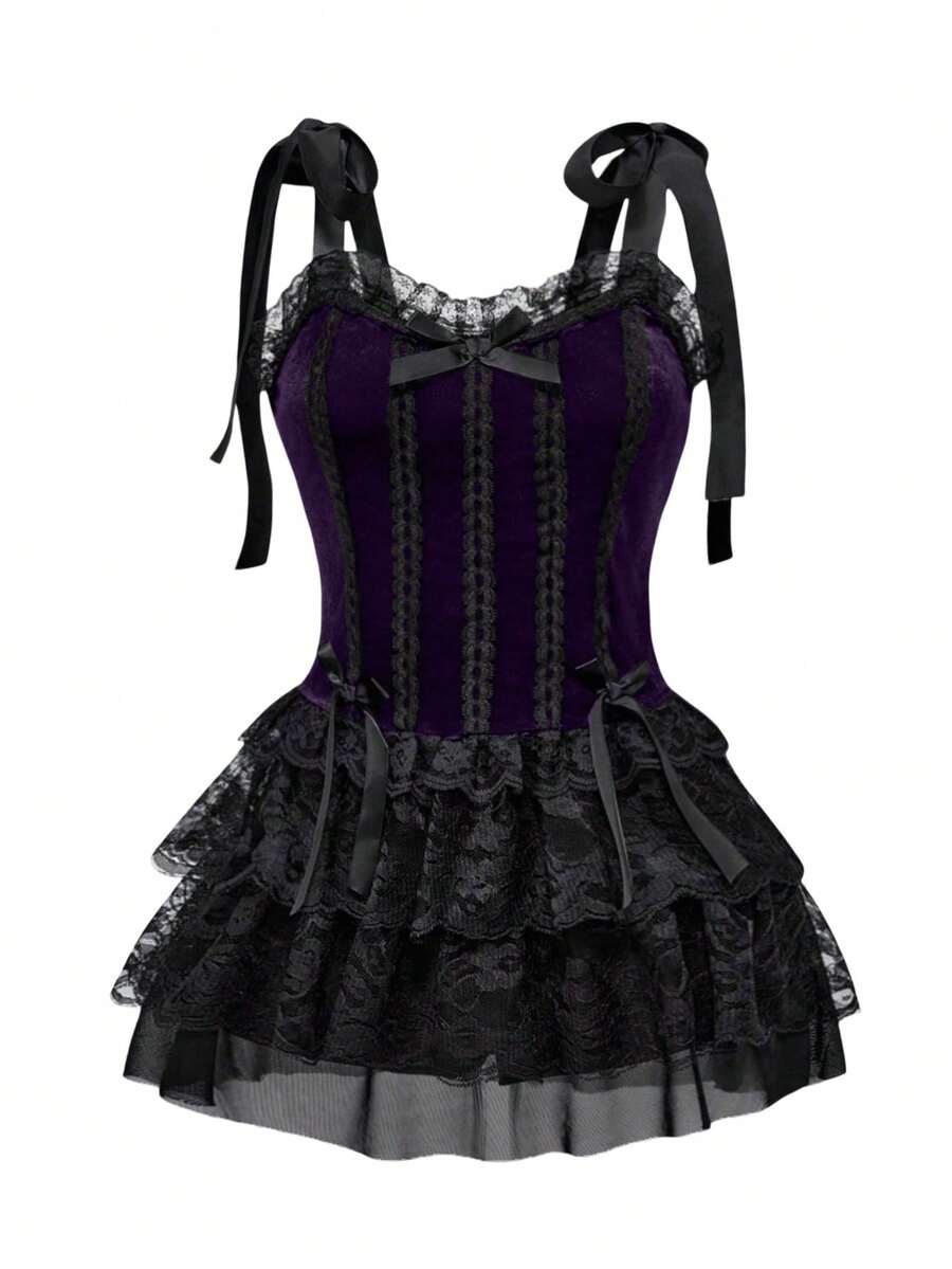 ROMWE Váy dây mảnh phong cách cung điện Gothic cổ điển màu tương phản, mặt dây chuyền ren cỡ lớn cho nữ mùa hè - Màu tím - Xem 1