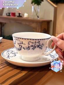 中式复古蓝色花卉陶瓷餐盘，优雅早餐盘，甜点盘，复古咖啡杯碟套装，下午茶具 - 彩色 - 查看 3