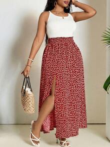 SHEIN PETITE CURVE 大码休闲碎花高开衩半身裙 - 紅色 - 查看 5
