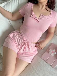 Flirla 大码休闲T恤和短裤套装 - 淺粉色 - 查看 1