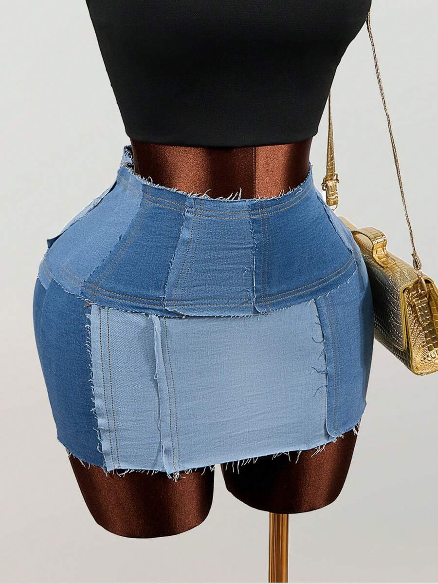 Mistrie Women's Frayed Hem Casual Denim Pencil Skirt - Blue - View 1