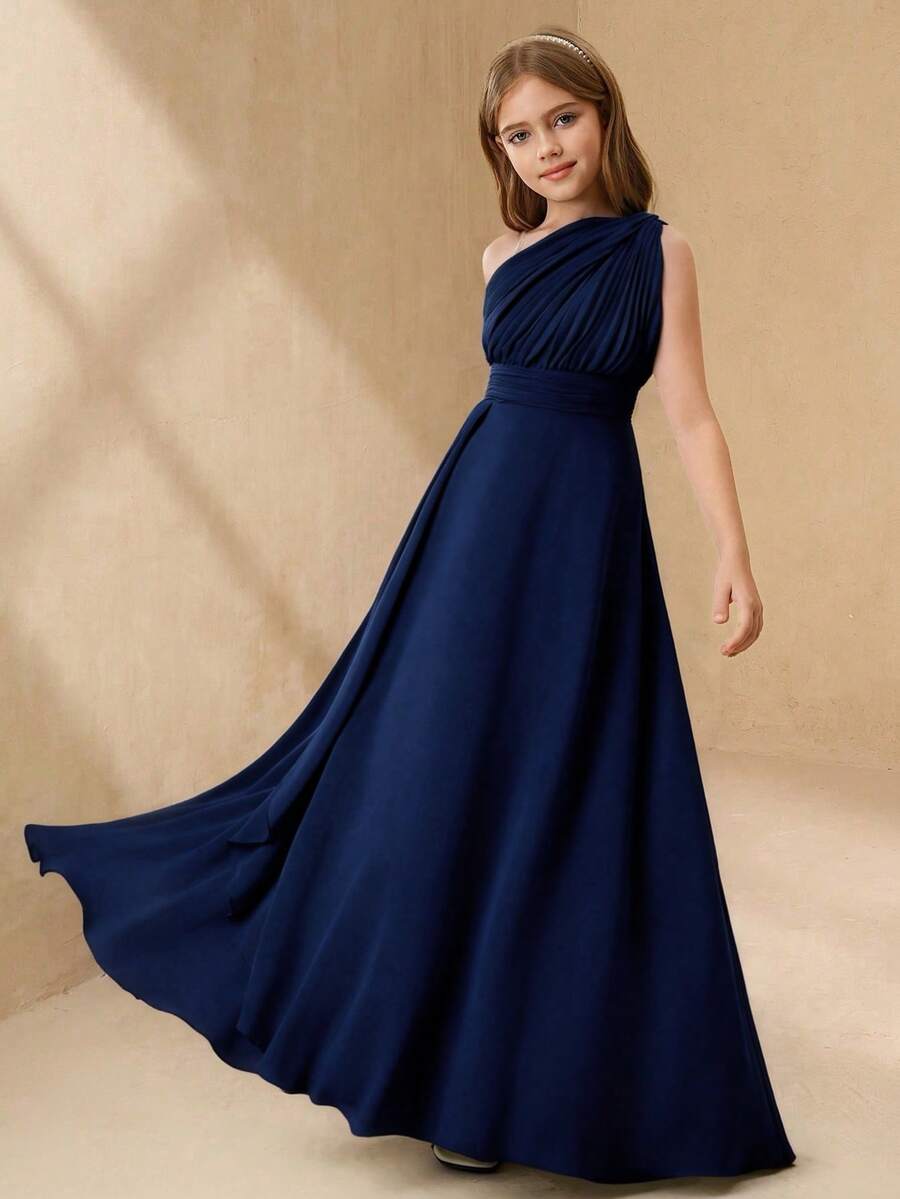 SHEIN فستان فتاة الزهور الأنيق لحفلات الزفاف، فستان رسمي مكشكش من الشيفون لفتيات المراهقات، فستان أميرة من التول الفاخر للأطفال - أزرق بحري - مشاهدة 1