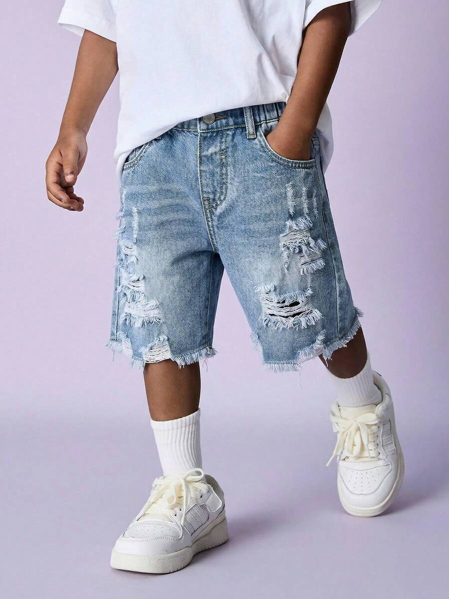 SHEIN Young Boy New Fashion Distressed Casual Basic Ripped Frayed Loose Fit Blue Denim Jeans Shorts Spring Summer,For Kids Boys Spring/Summer Dailywear,Boys Streetwear,Beach Vacation For Boys,Boys Summer Boho,Casual For Boys ,Graphic Jeans Boys, Shorts,4-Year-Old Boys Short,Summer Short,Casual Short - Light Wash - View 1