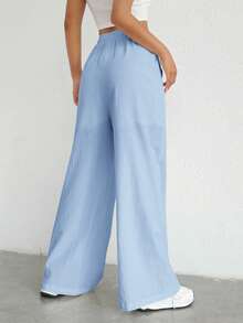 SHEIN Tall CURVE Plus Size Drawstring Waist Wide Leg Pants Fall - Baby Blue - View 2
