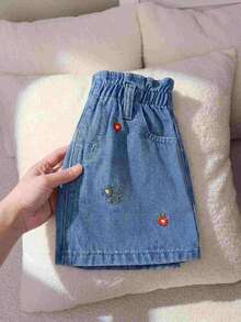 LMoss Kids Young Girl' New Fashion Boho Summer Vacation Casual Soft Cute Colorful Floral Embroidered Blue Denim Mini Skirt Spring Summer,For Kids Girls Spring/Summer Dailywear Outfits,Girls Streetwear Outfits,Beach Vacation Outfits For Girls ,Girls Summer Boho Outfits,Casual Clothes For Girls ,Elegant Skirt For Girls ,Toddler Skirt ,4-Year-Old Girls Skirt ,Summer Skirt ,Casual Skirt,Flower Skirt - Light Wash - View 3