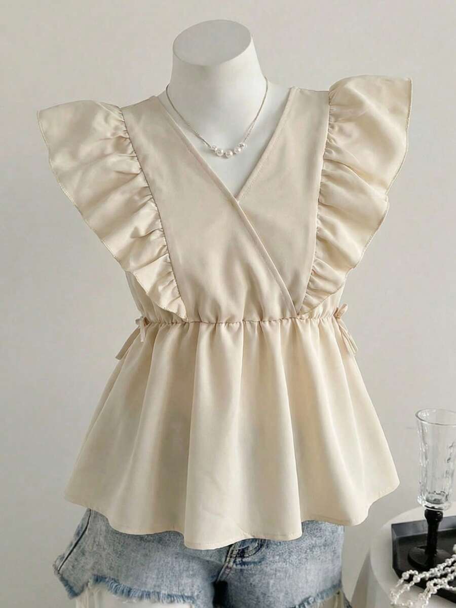 Blusa elegante con cuello en V y volantes, cintura ceñida para niña preadolescente - Albaricoque - Ver 1