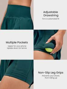 GLOWMODE 3'' VitalSwift Quick-Dry High Slit Adjustable Drawstring Waist Shorts With Built-In Shorts Side Pockets Non-Slip Grips Running Gym Workout - Dark Green - View 3