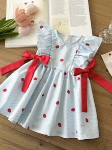 LMoss Kids Baby Girl Woven Contrast Color Round Neck Strawberry Pattern Striped Ruffle Trim Bow Decor Dress - Blue - View 5