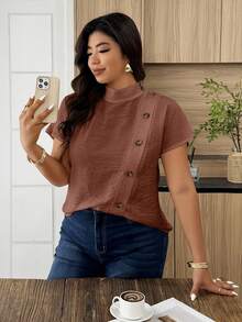 SHEIN LUNE Women's Casual Asymmetric Button Front Loose Blouse, Suitable For Daily Wear And Office Attire, Spring/Summer - Redwood - View 4
