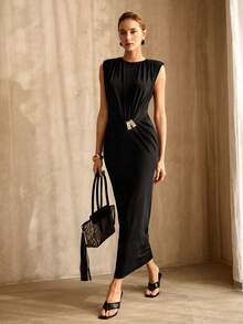 MOTF PREMIUM WOMEN'S METAL DECOR RUCHED DRESS - Black - View 8