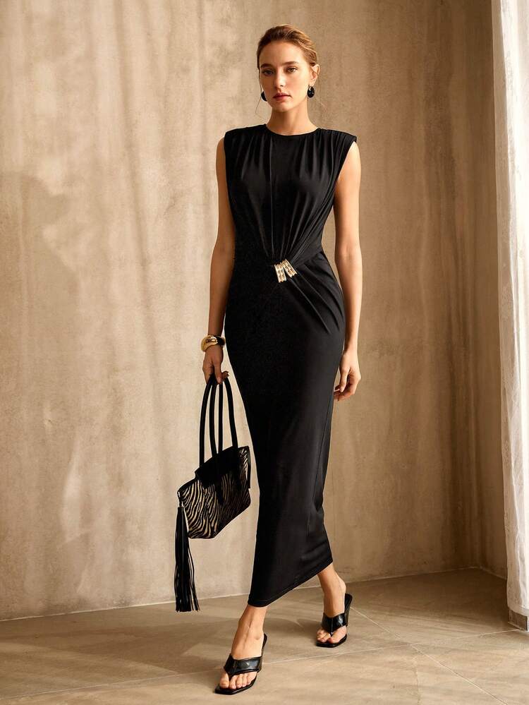 WOMEN'S METAL DECOR RUCHED DRESS