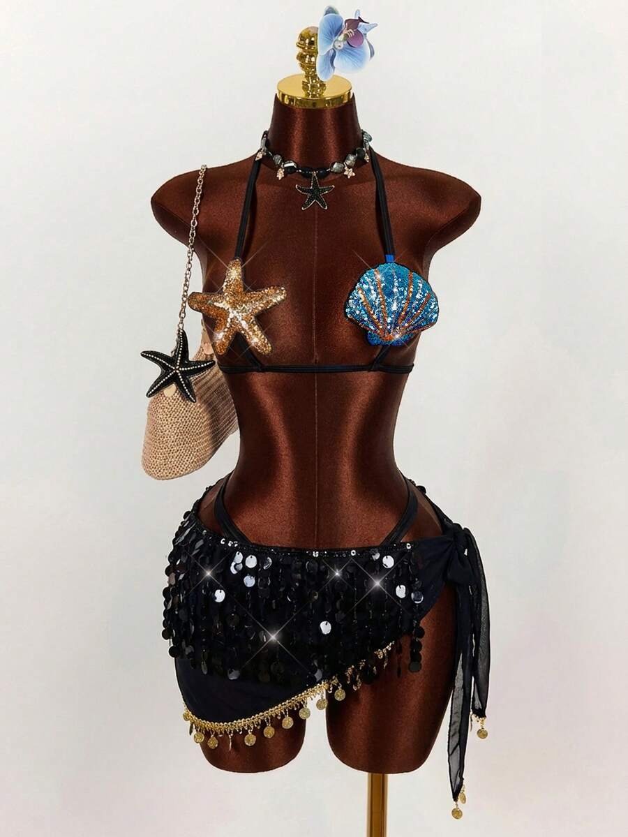 Amplova 三件套女士泳装,饰有海星和贝壳罩杯细节,比基尼上衣,串珠裙,性感前卫,适合度假、音乐节,春夏新款沙滩泳装 - 彩色 - 查看 1