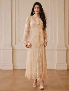 ZEYLAH Elegant Romantic Bow Tie A-Line Loose Long Dress, Spring/Summer - Apricot - View 4