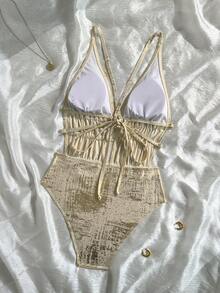 Swim Chiccia Áo tắm liền thân dây rút họa tiết hoa ánh kim sang trọng - Vàng - Xem 2