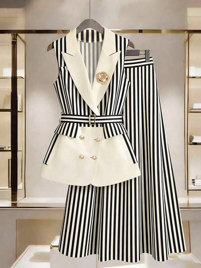 GlowEve CURVE Plus Size Women's Spring/Summer Classic Striped Patchwork Design Business Chic Sleeveless Blazer And Minimalist A-Line Striped Skirt Suit, Business/Commute/Casual