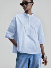 Ontre 女士舒适亲肤缎面面料圆领落肩宽松设计，前短后长廓形，现代都市时尚商务休闲办公装，低调复古高端风格，高品质机场/邮轮穿搭，中东优雅婚礼宾客礼服，简约奢华感必备百搭休闲系列设计上衣 - 藍色 - 查看 5