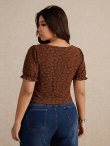 Elaquor Áo thun nữ cỡ lớn tay cánh hoa thanh lịch, kiểu dáng ôm sát, chất liệu jacquard, phong cách nghỉ dưỡng. - màu nâu - Xem 2